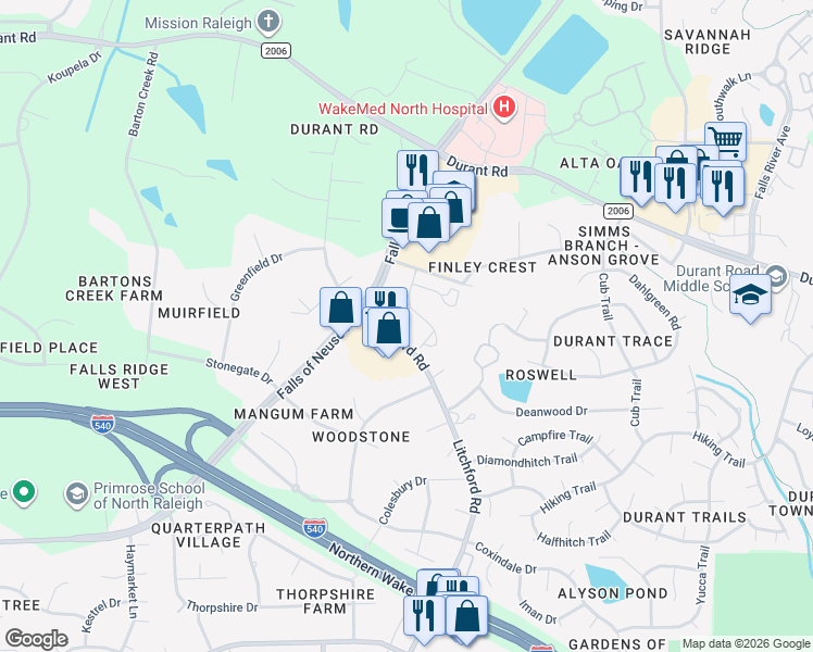 map of restaurants, bars, coffee shops, grocery stores, and more near 9014 Brook Garden Court in Raleigh