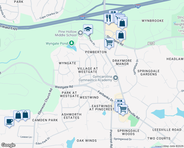 map of restaurants, bars, coffee shops, grocery stores, and more near 9000 Shallcross Way in Raleigh
