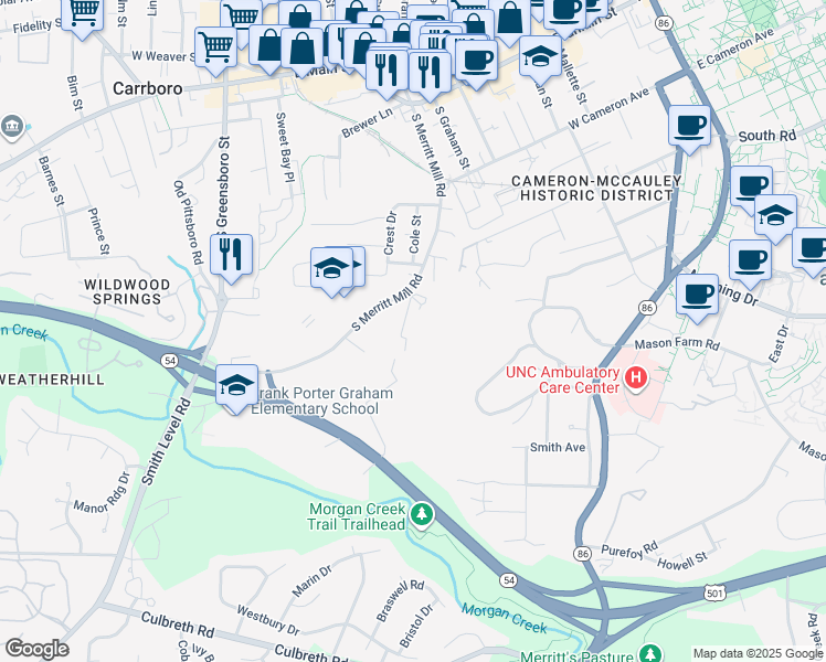 map of restaurants, bars, coffee shops, grocery stores, and more near 819 Edwards Street in Chapel Hill
