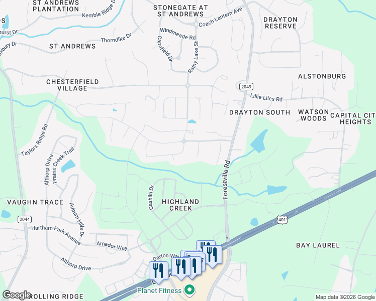 map of restaurants, bars, coffee shops, grocery stores, and more near 3418 Table Mountain Pine Drive in Wake Forest