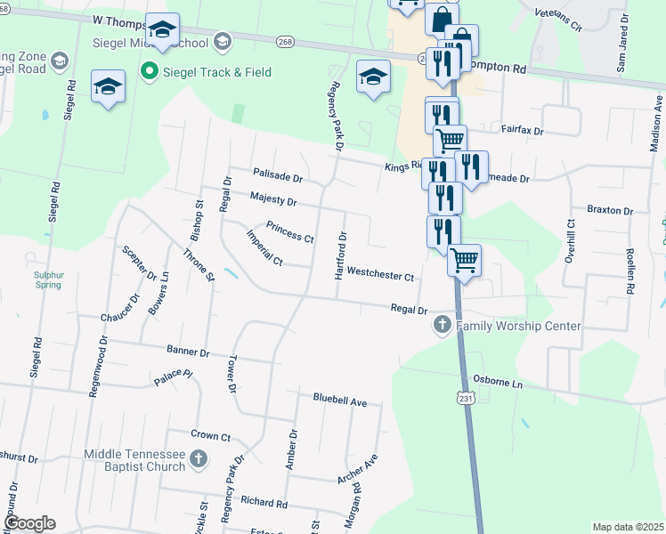map of restaurants, bars, coffee shops, grocery stores, and more near 3023 Hartford Dr in Murfreesboro