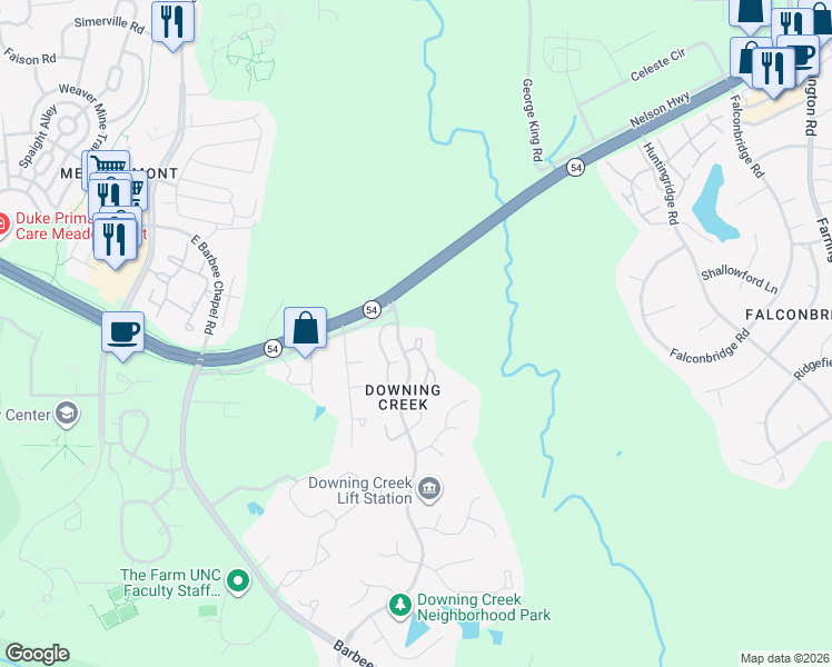 map of restaurants, bars, coffee shops, grocery stores, and more near 1205 Cranebridge Place in Chapel Hill