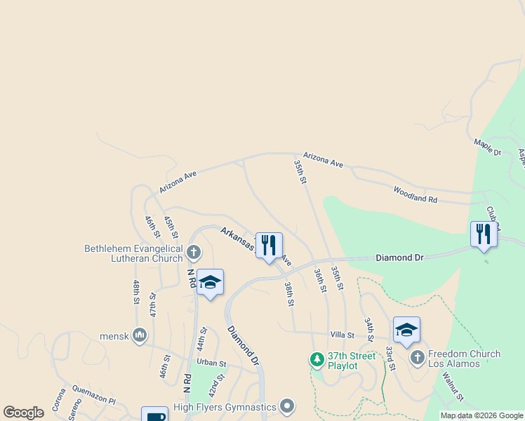 map of restaurants, bars, coffee shops, grocery stores, and more near 2533 36th Street in Los Alamos