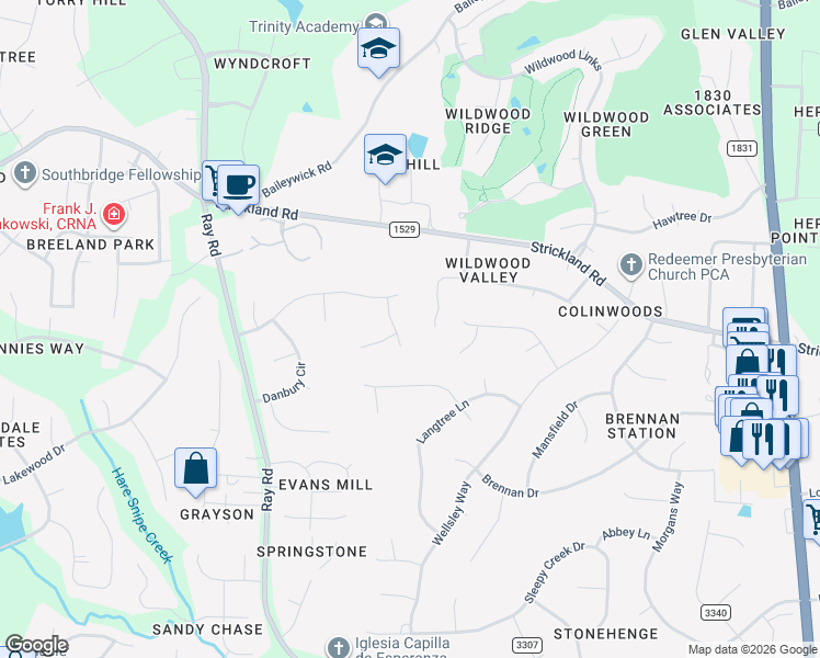 map of restaurants, bars, coffee shops, grocery stores, and more near 8708 Kenilworth Drive in Raleigh