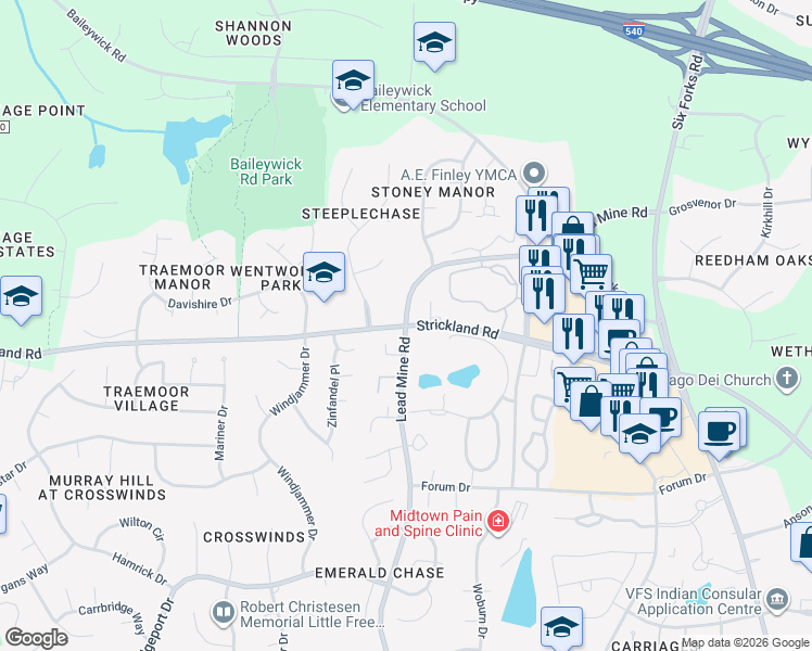 map of restaurants, bars, coffee shops, grocery stores, and more near Strickland Rd & Lead Mine Rd in Raleigh