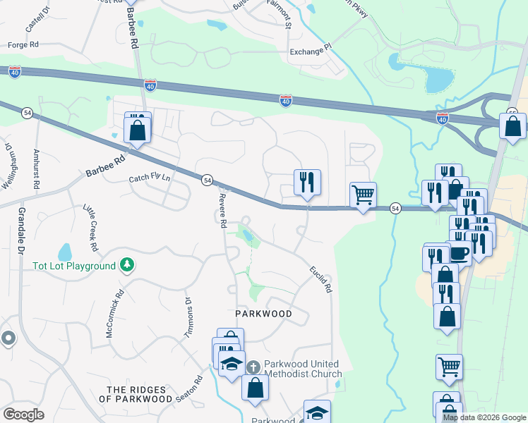 map of restaurants, bars, coffee shops, grocery stores, and more near 1520 North Carolina 54 in Durham