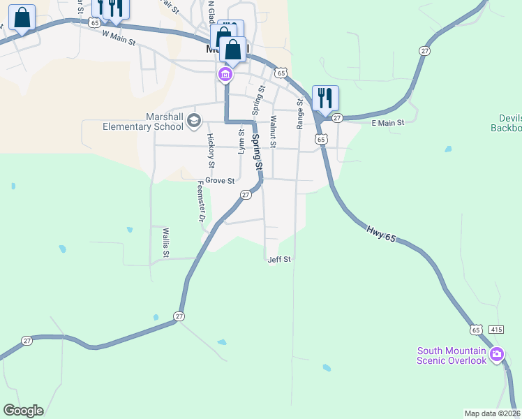 map of restaurants, bars, coffee shops, grocery stores, and more near 509 Spring Street in Marshall