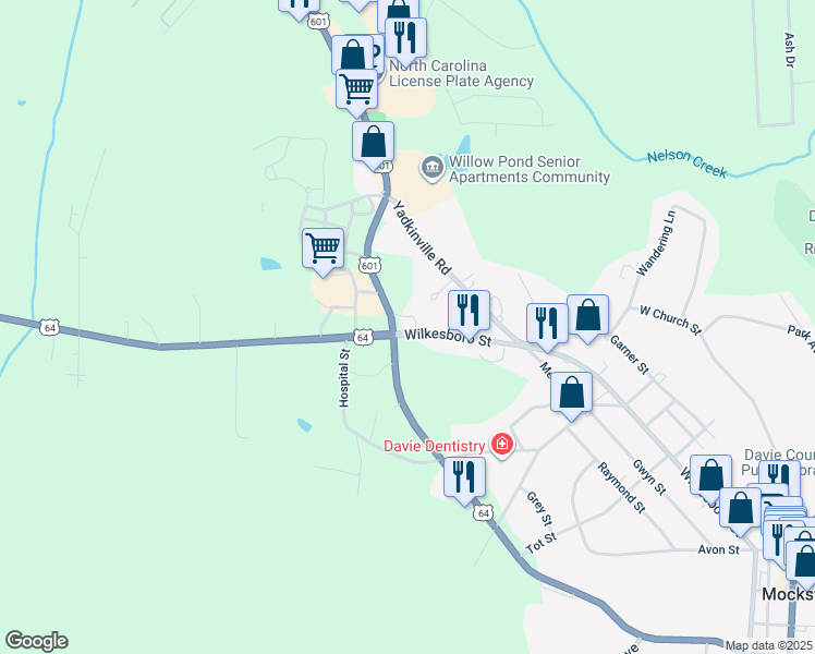map of restaurants, bars, coffee shops, grocery stores, and more near 765 Valley Road in Mocksville