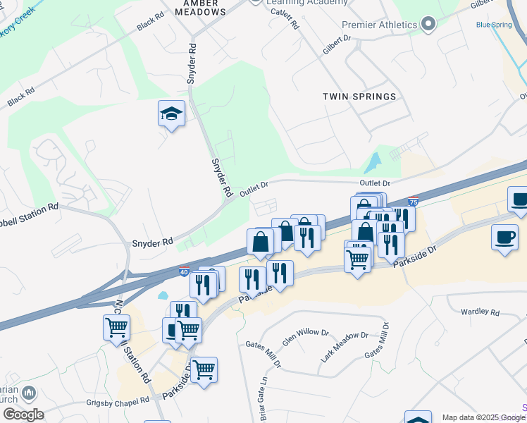 map of restaurants, bars, coffee shops, grocery stores, and more near 11470 Outlet Drive in Knoxville