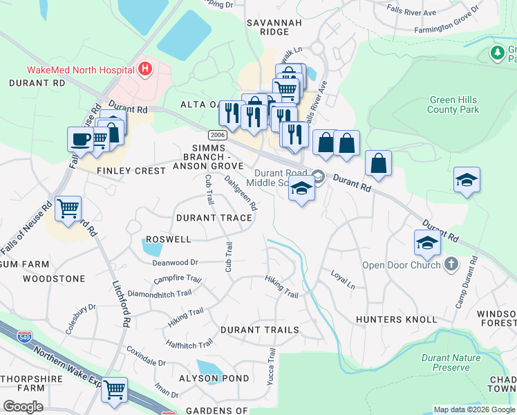 map of restaurants, bars, coffee shops, grocery stores, and more near 9200 Dakins Court in Raleigh