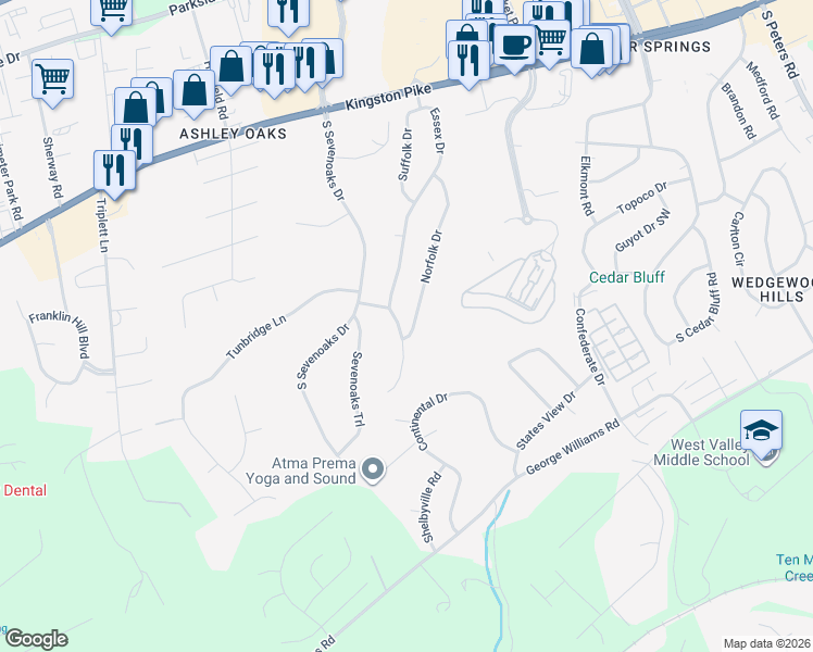map of restaurants, bars, coffee shops, grocery stores, and more near 300 Essex Drive in Knoxville