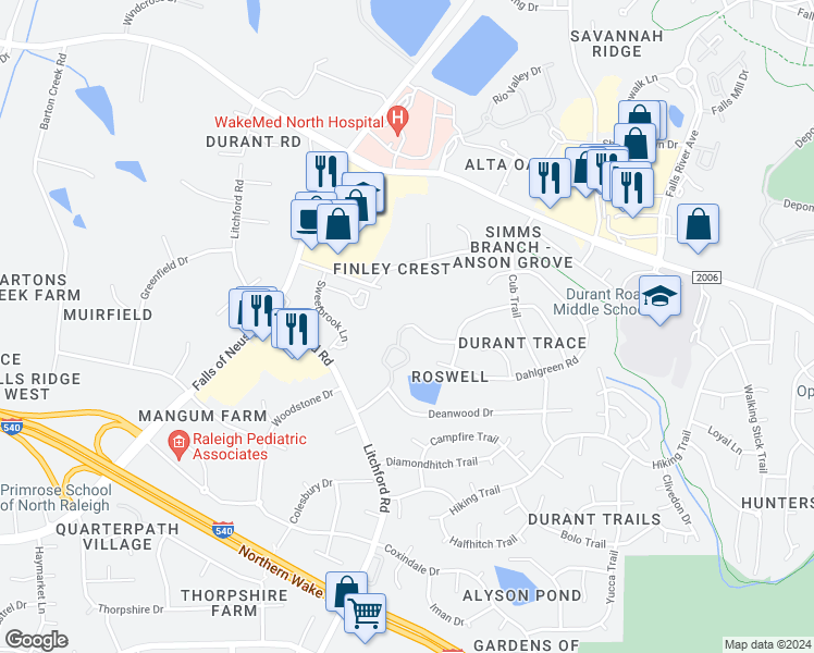 map of restaurants, bars, coffee shops, grocery stores, and more near 2412 Batterhayes Road in Raleigh