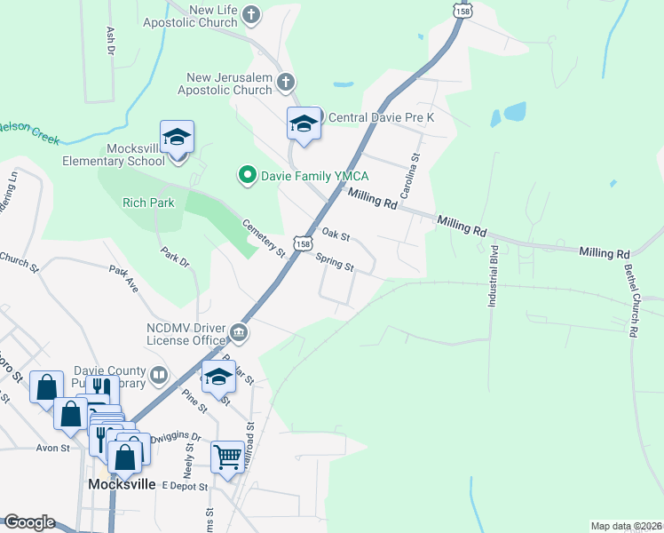 map of restaurants, bars, coffee shops, grocery stores, and more near 204 Spring Street in Mocksville