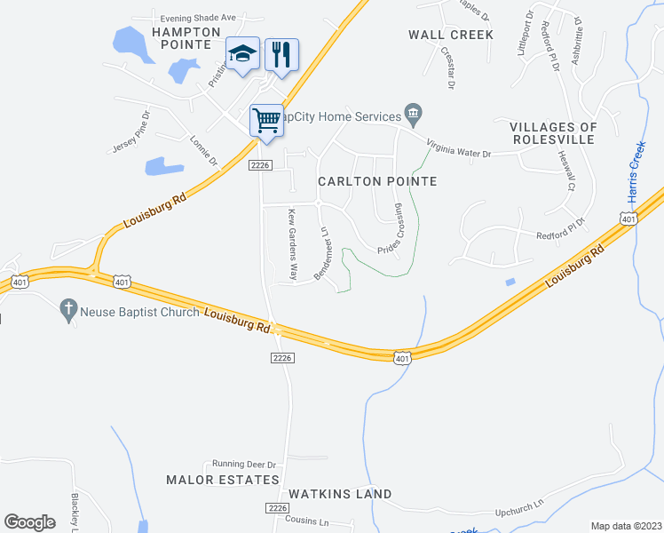 map of restaurants, bars, coffee shops, grocery stores, and more near 451 Bendemeer Lane in Rolesville