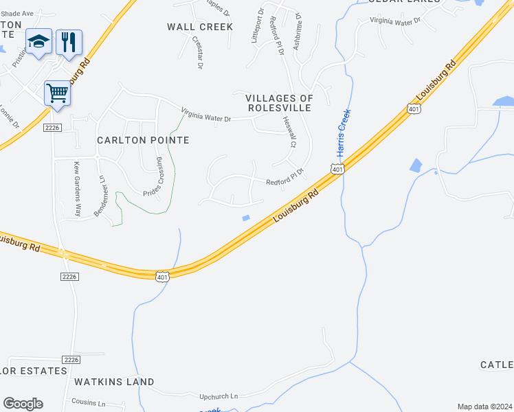 map of restaurants, bars, coffee shops, grocery stores, and more near 694 Shefford Town Dr in Rolesville