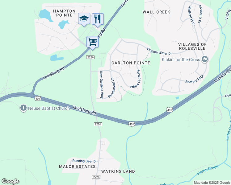 map of restaurants, bars, coffee shops, grocery stores, and more near 451 Bendemeer Lane in Rolesville