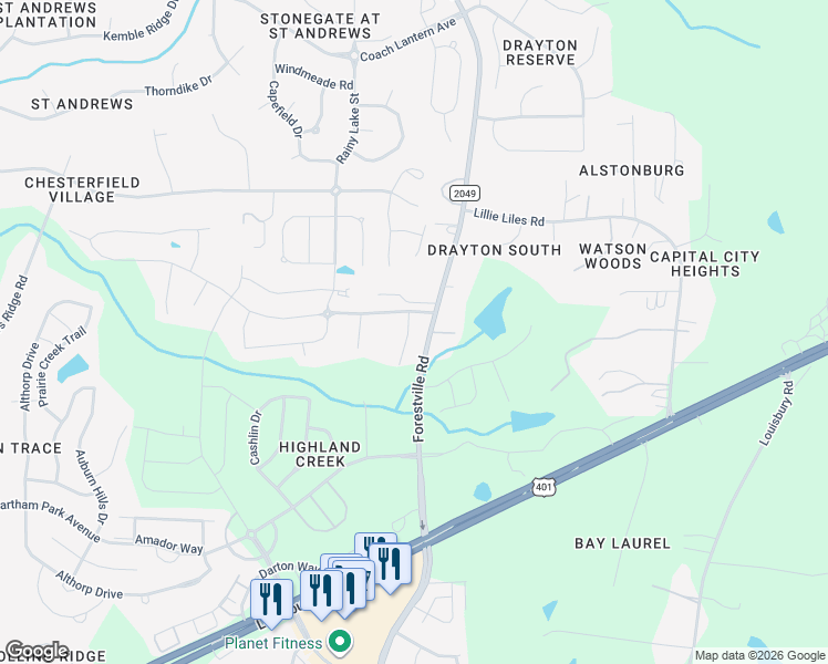 map of restaurants, bars, coffee shops, grocery stores, and more near 2613 Yellow Pine Road in Raleigh