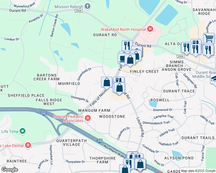 map of restaurants, bars, coffee shops, grocery stores, and more near State Road 2000 in Raleigh