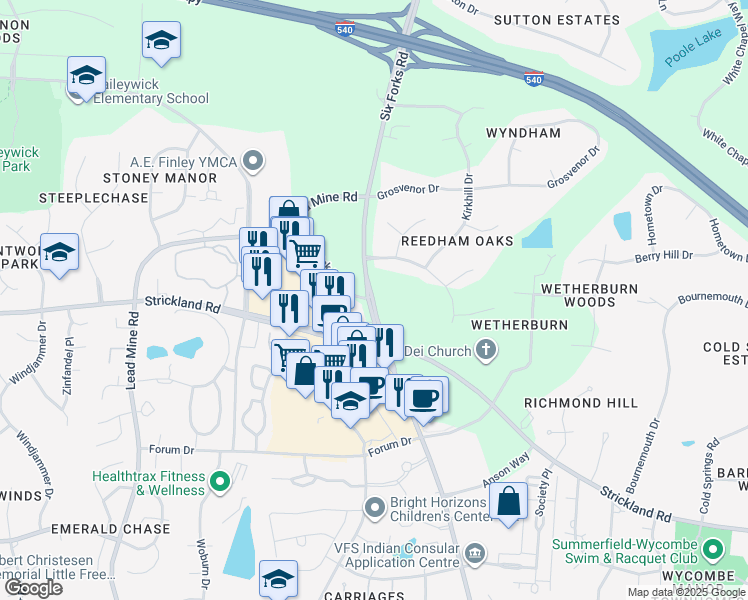 map of restaurants, bars, coffee shops, grocery stores, and more near 8914 Six Forks Road in Raleigh