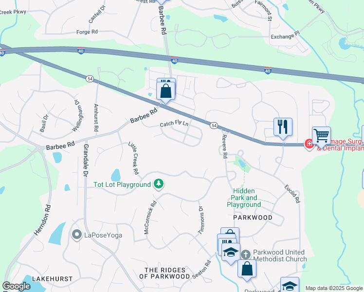 map of restaurants, bars, coffee shops, grocery stores, and more near 1501 Catch Fly Lane in Durham