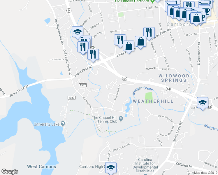 map of restaurants, bars, coffee shops, grocery stores, and more near 213 Cedarwood Lane in Carrboro