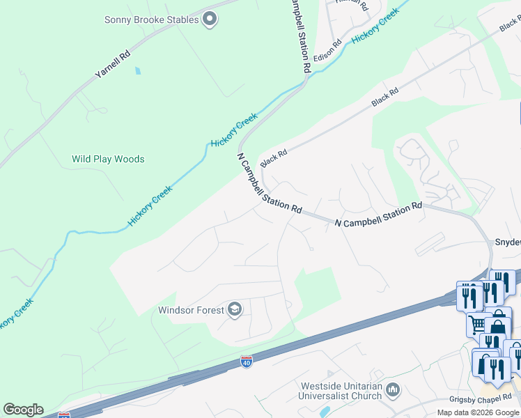 map of restaurants, bars, coffee shops, grocery stores, and more near 12004 Ridgeland Drive in Knoxville