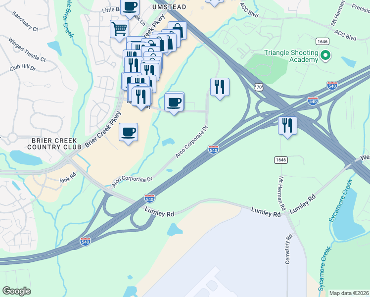 map of restaurants, bars, coffee shops, grocery stores, and more near 8150 Arco Corporate Drive in Raleigh