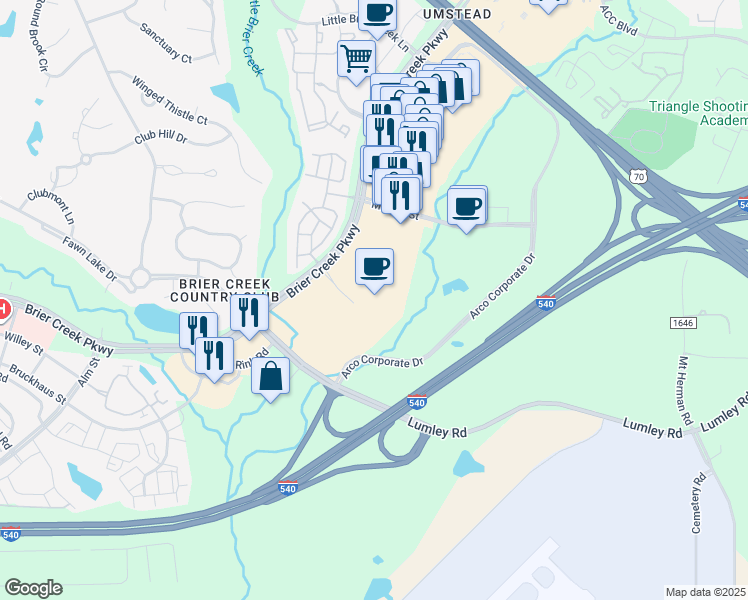 map of restaurants, bars, coffee shops, grocery stores, and more near 8651 Brier Creek Pkwy in Raleigh