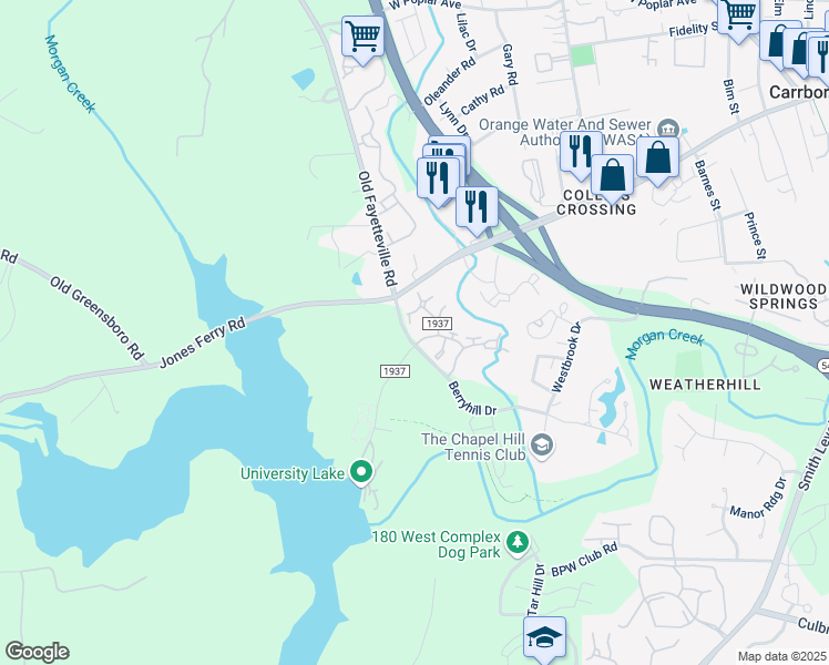 map of restaurants, bars, coffee shops, grocery stores, and more near 605 Jones Ferry Road in Carrboro