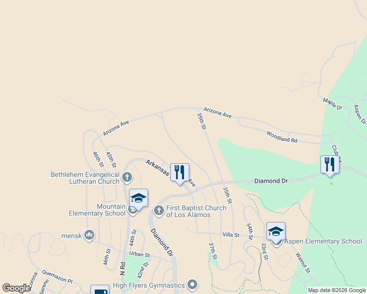 map of restaurants, bars, coffee shops, grocery stores, and more near 2533 36th Street in Los Alamos