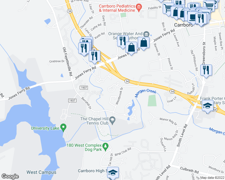 map of restaurants, bars, coffee shops, grocery stores, and more near 211 Cedarwood Lane in Carrboro