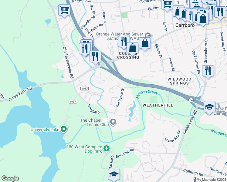 map of restaurants, bars, coffee shops, grocery stores, and more near 211 Cedarwood Lane in Carrboro