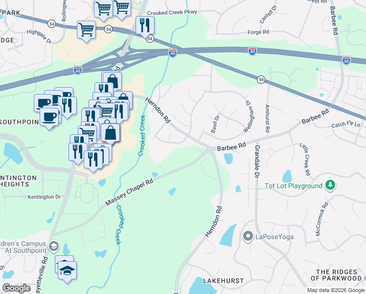 map of restaurants, bars, coffee shops, grocery stores, and more near 6709 Winding Arch Drive in Durham