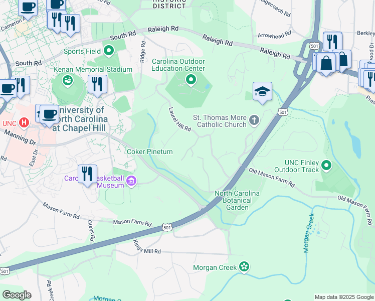 map of restaurants, bars, coffee shops, grocery stores, and more near Buttons Road in Chapel Hill