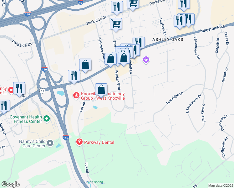 map of restaurants, bars, coffee shops, grocery stores, and more near 9732 Franklin Hill Boulevard in Knoxville