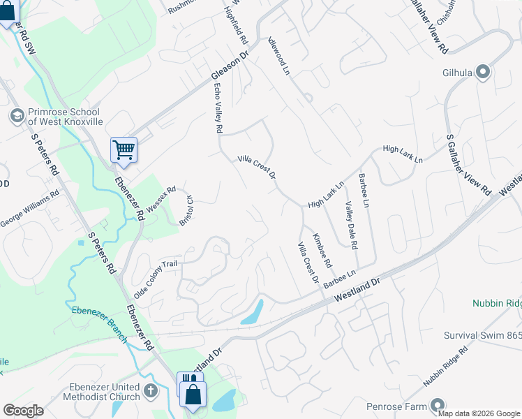 map of restaurants, bars, coffee shops, grocery stores, and more near 8400 Olde Colony Trail in Knoxville