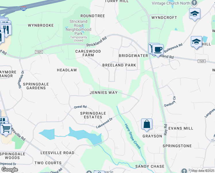 map of restaurants, bars, coffee shops, grocery stores, and more near 8424 Sawyer Drive in Raleigh