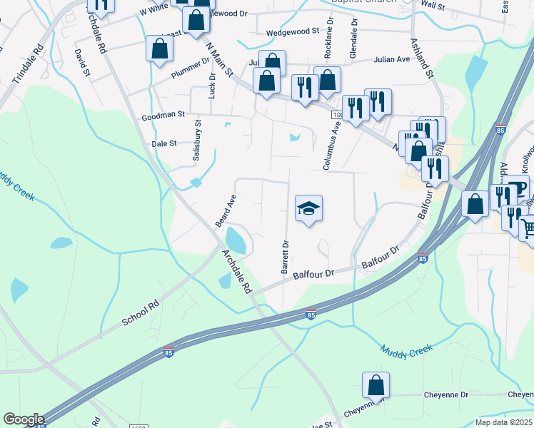 map of restaurants, bars, coffee shops, grocery stores, and more near 111 Craig Drive in Archdale