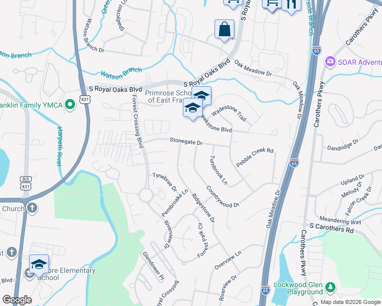 map of restaurants, bars, coffee shops, grocery stores, and more near 830 Countrywood Drive in Franklin