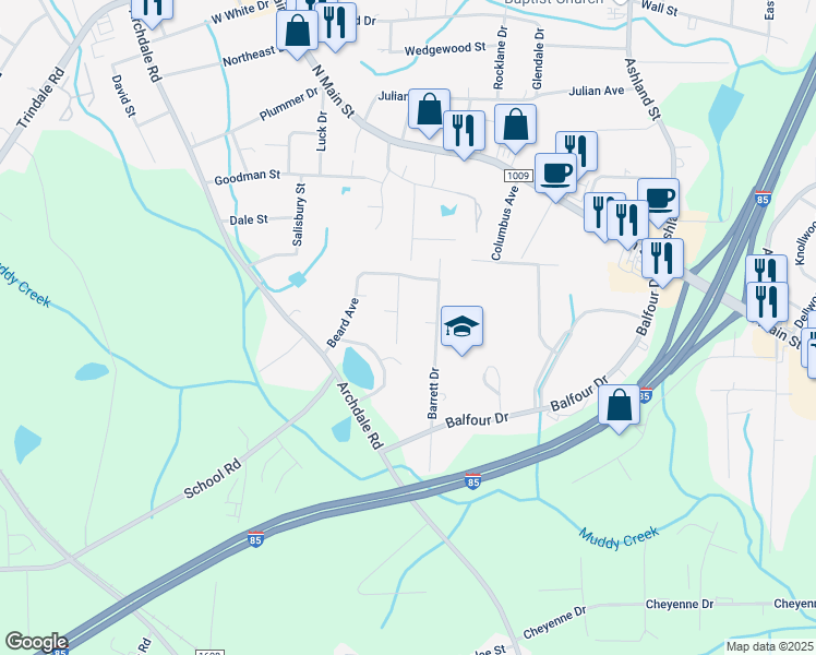 map of restaurants, bars, coffee shops, grocery stores, and more near 111 Craig Drive in Archdale