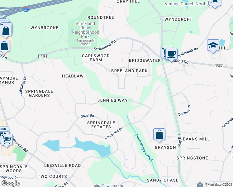 map of restaurants, bars, coffee shops, grocery stores, and more near 8424 Sawyer Drive in Raleigh