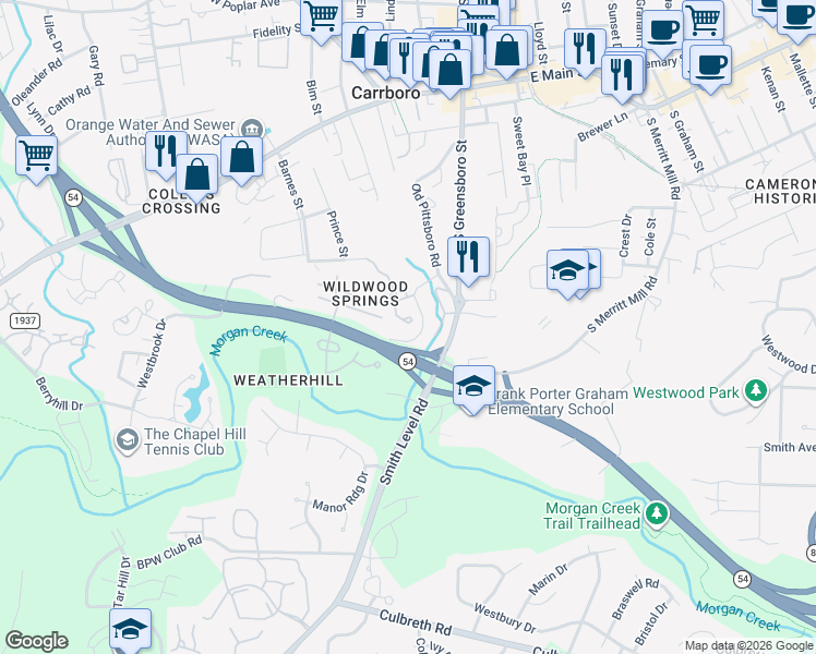 map of restaurants, bars, coffee shops, grocery stores, and more near 122 South Peak Drive in Carrboro