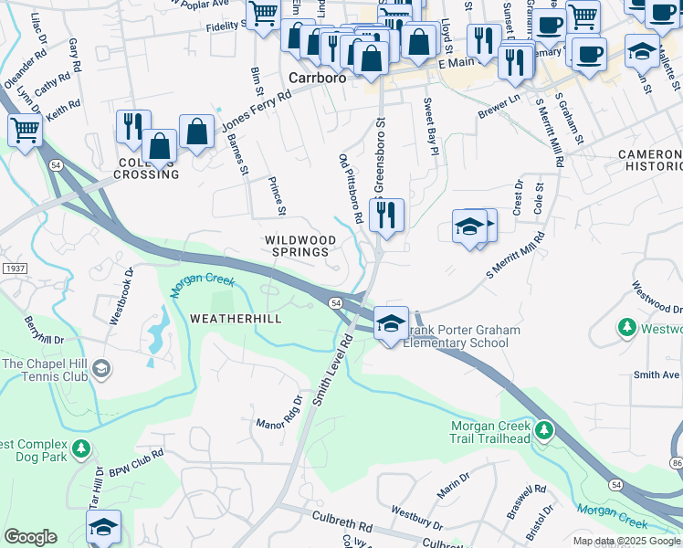 map of restaurants, bars, coffee shops, grocery stores, and more near 122 South Peak Drive in Carrboro