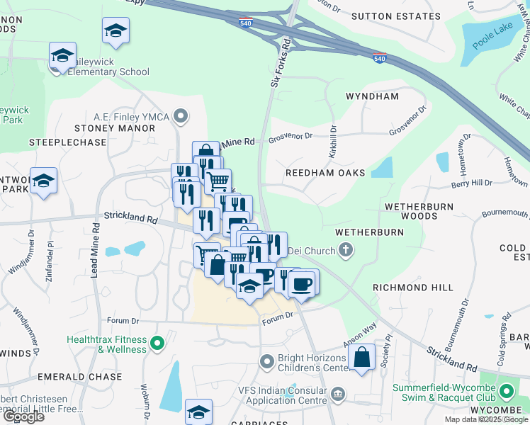 map of restaurants, bars, coffee shops, grocery stores, and more near Six Forks Road in Raleigh
