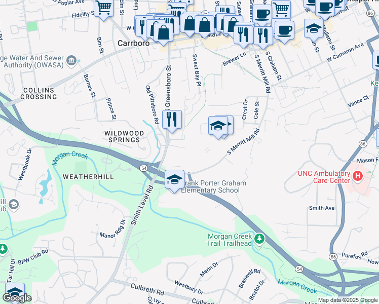 map of restaurants, bars, coffee shops, grocery stores, and more near 515 South Greensboro Street in Carrboro