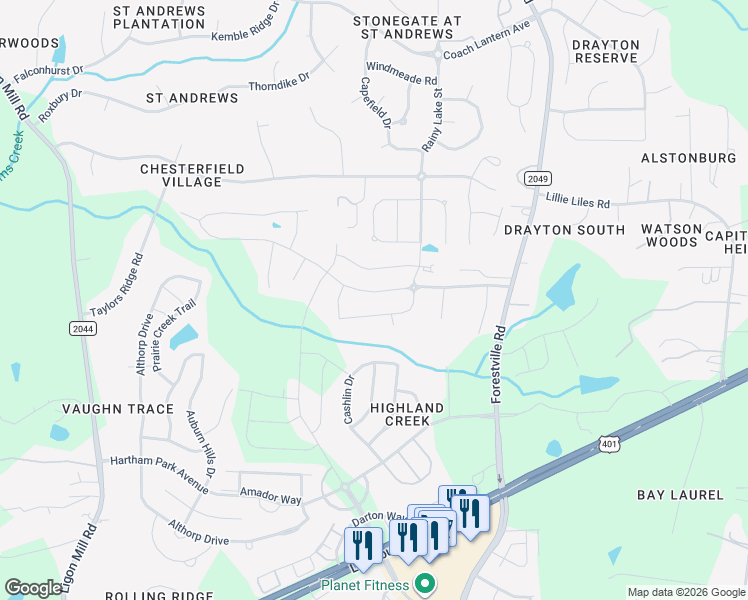 map of restaurants, bars, coffee shops, grocery stores, and more near 3373 Table Mountain Pine Drive in Wake Forest