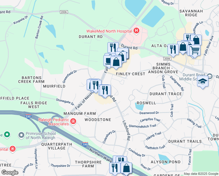 map of restaurants, bars, coffee shops, grocery stores, and more near 9014 Brook Garden Court in Raleigh