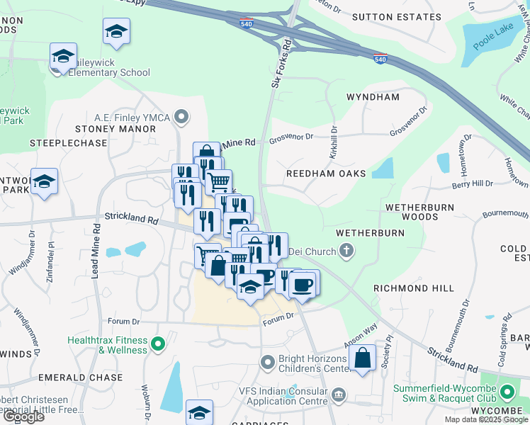map of restaurants, bars, coffee shops, grocery stores, and more near 8914 Six Forks Road in Raleigh
