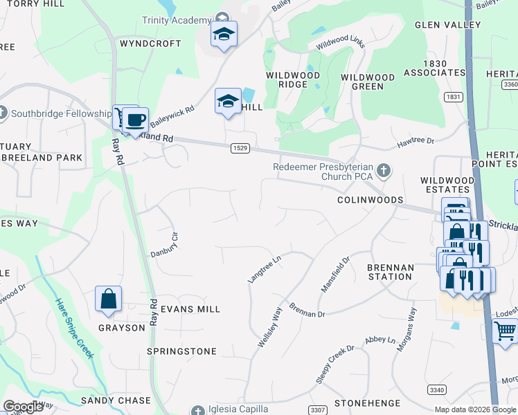 map of restaurants, bars, coffee shops, grocery stores, and more near 3109 Club Drive in Raleigh