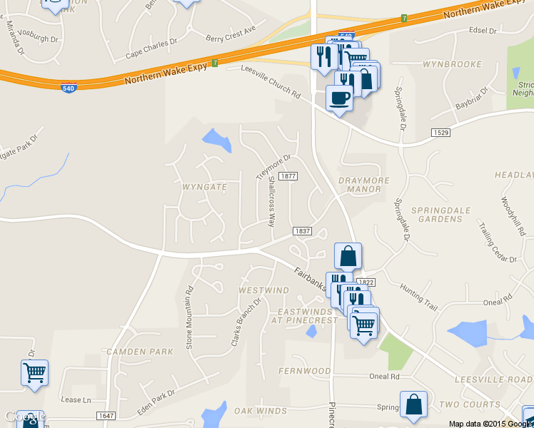 map of restaurants, bars, coffee shops, grocery stores, and more near 9000 Shallcross Way in Raleigh